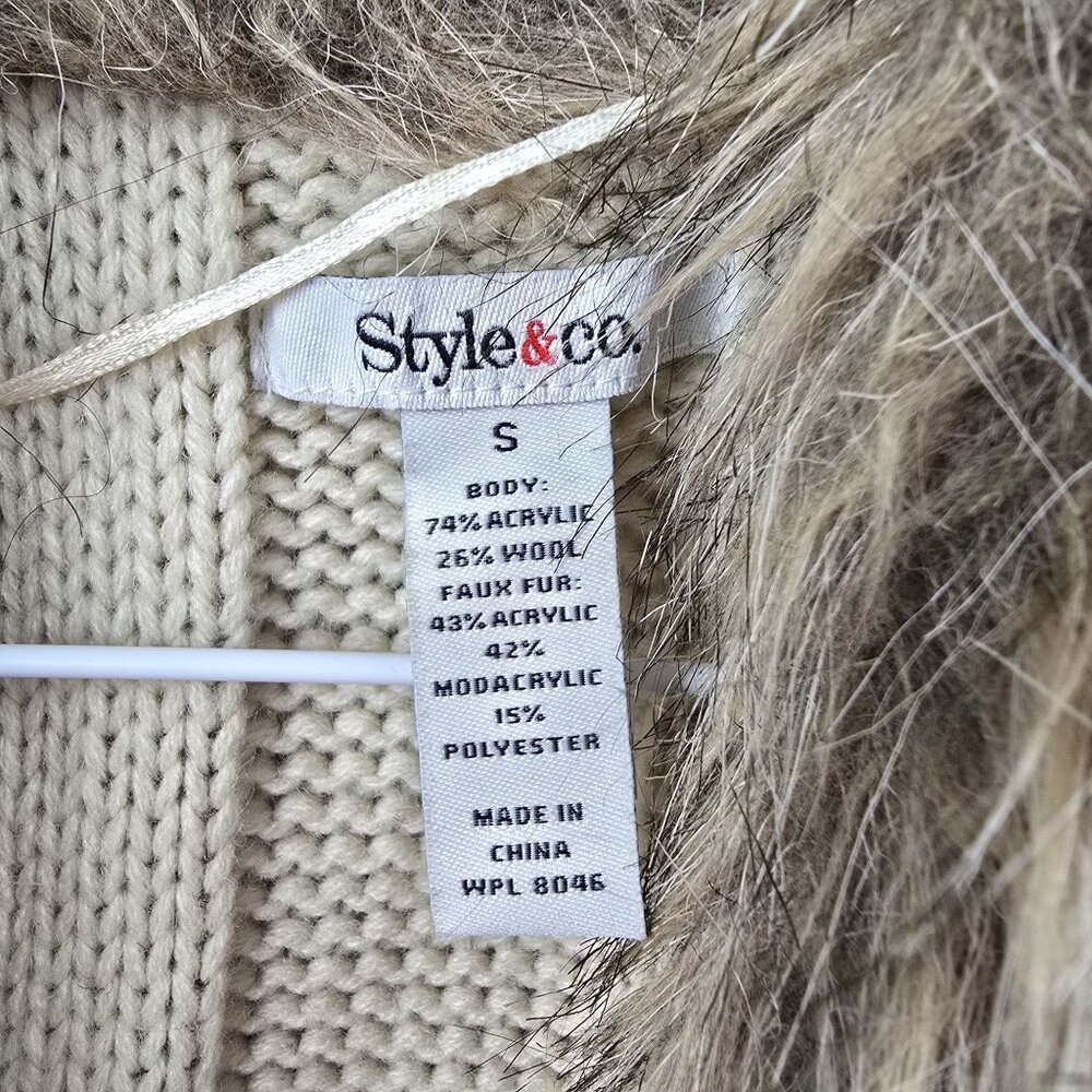 Style & Co Womens Faux Fur Trim Knit Sweater Vest Beige Small Acrylic Wool Blend - Picture 3 of 5